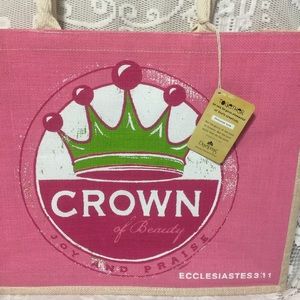 Christian reusable jute tote bag Bible Verse on the bottom. Praise, Joy